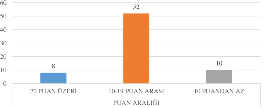 Şekil  15’te  18  yaş  ve  üzeri  katılımcıların  Türkçedeki  dil  puan  aralıkları  oransal  olarak  sınıflandırılmıştır