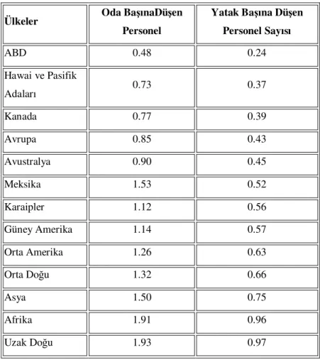 Tablo 2:Dünyada Oda ve Yatak Başına Düşen Personel Sayısı 