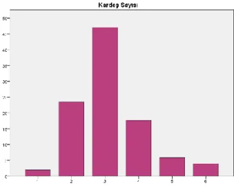 Tablo  7  incelendiğinde  araĢtırmaya  katılan  katılımcı  öğrencilerin  %2‟sinin  (1  kiĢi)  1;  %24‟ünün (12 kiĢi) 2; %47‟sinin 24; %18‟inin (9 kiĢi) 4; %6‟sının (3 kiĢi) 5 ve %4‟ünün  (2  kiĢi)  6  kardeĢi  olduğu  görülmektedir