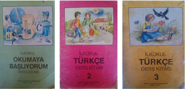 Şekil  1.  1992-1993  eğitim-öğretim  döneminde  bastırılan  ilkokul  Türkçe  ders  kitaplarının  dış kapakları