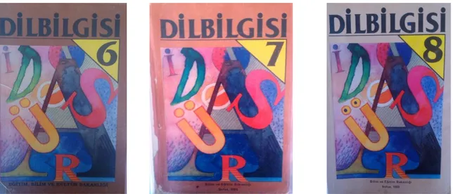 Şekil 3. 1992-1993 eğitim-öğretim döneminde bastırılan ortaokul Türkçe dersine yardımcı  dil bilgisi kitaplarının dış kapakları