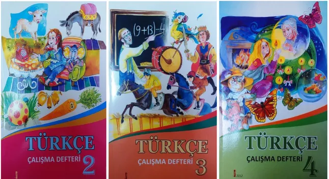 Şekil 6. 2013-2014 eğitim-öğretim döneminde dağıtımına başlanan (2, 3 ve 4. sınıflar için)  yeni Türkçe dersi çalışma defterlerinin dış kapakları