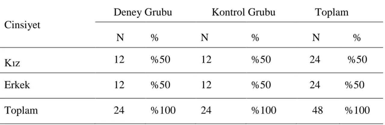 Tablo 1.4: Deney ve Kontrol Grubundaki Öğrencilerin Cinsiyet Dağılımı 