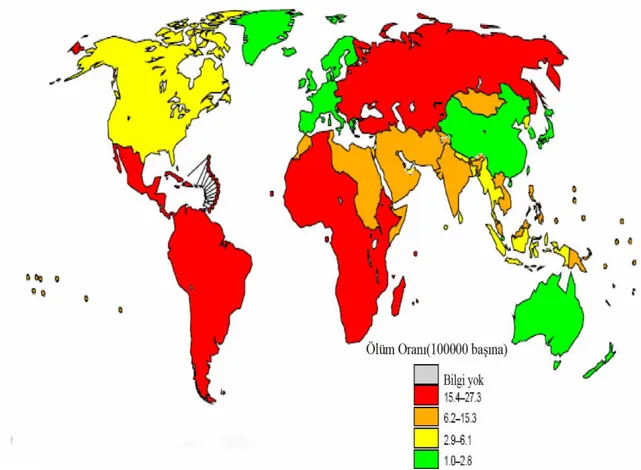 Şekil 2. Küresel Ölçekte KiĢiler arası ġiddete Bağlı Ölüm Oranları (DSÖ, 2002) 