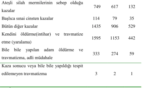 Tablo  1  incelendiğinde  ateĢli  silah  mermileri,  intihar  nedenli  ve  bile  bile  yapılan  adam  öldürmeleri  topladığımızda  Ģiddet  kaynaklı  ölümlerin  motorlu  taĢıt  kazaları  sonucunda meydana gelen ölümlerin iki katından fazlasına ulaĢtığı görü