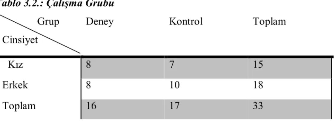 Tablo 3.2.: Çalışma Grubu                Grup  
