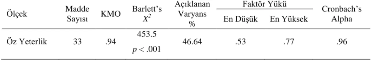 Tablo 8: Çevrimiçi Teknolojileri Öz Yeterlik Ölçeğinin Madde Sayısı, Faktör Analizi 