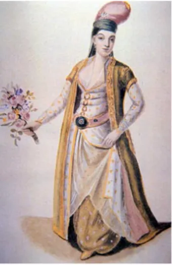 Şekil 30: Saraylı Kadın İstanbul, krem renk üzerine kağıt üzerine suluboya,  Ankara Etnografya Müzesi, 9005 (Apak vd,1997,s.82) 