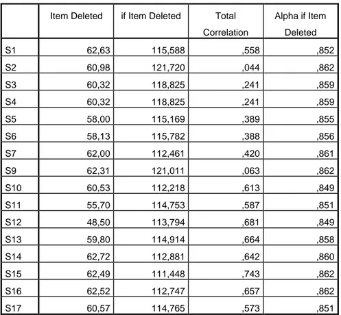 Tablo  6’da  yöneticilere  yöneltilen 17 sorudan birinin çıkarılması ile chronbach  alfa değerinde iyileşme gözlenmemektedir