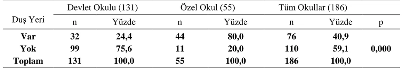 Tablo 21. Okul Türlerine Göre Duş Yeri Durumu 