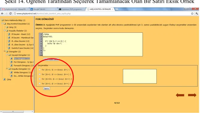 Şekil 14. Öğrenen Tarafından Seçilerek Tamamlanacak Olan Bir Satırı Eksik Örnek