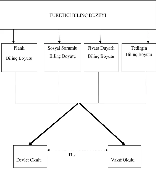 ġekil 3.1: AraĢtırmanın Modeli Planlı Bilinç Boyutu  Sosyal Sorumlu Bilinç Boyutu  Fiyata Duyarlı Bilinç Boyutu  Tedirgin  Bilinç Boyutu 