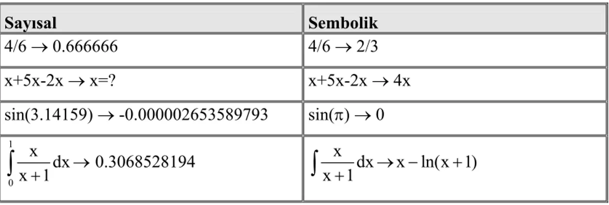 Tablo 1.4’te, karşılaştırmalı olarak sayısal ve sembolik metotlar kullanılarak  gerçekleştirilmiş bazı hesaplama örnekleri verilmiştir: 