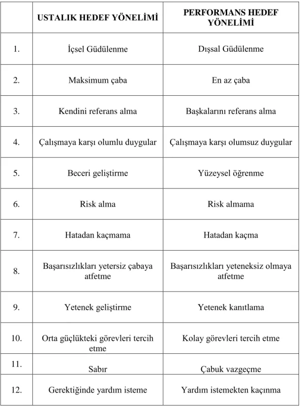 Tablo 1: Ustalık hedef yönelimi- Performans hedef yönelimi karşılaştırması. 