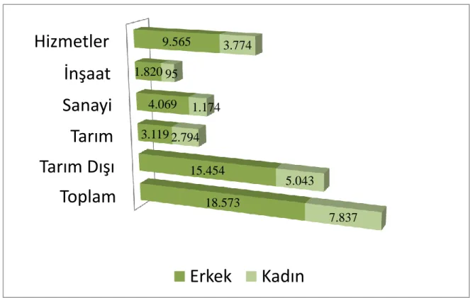 Grafik  4’deki,  2014  Temmuz  verilerine  göre  kadınların%3.774’ü  hizmetler  sektöründe,  %2.794’ü  tarım  sektöründe,  %5.043’ü  de  tarım  dışı  sektörde  yer  almaktadır