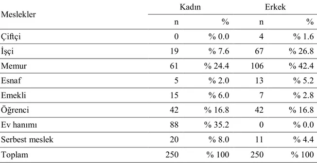 Tablo 6. Araştırmaya Katılan Kadın ve Erkeklerin Mesleklerinin Dağılımı 