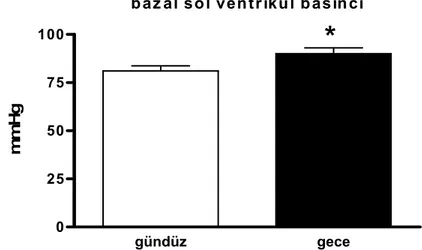 Grafik 1.  Gündüz ve gece gruplarının bazal sol venrikül gelişen basınçlarının karşılaştırılması