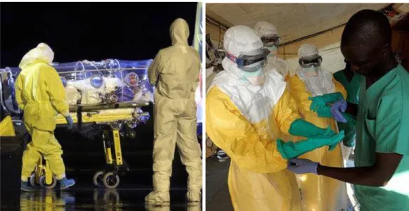 Şekil 2. Ebola Virüslü Hastanın Taşınması ve Koruyucu Giysiler ile Sağlık Çalışanları  (www.who.int).
