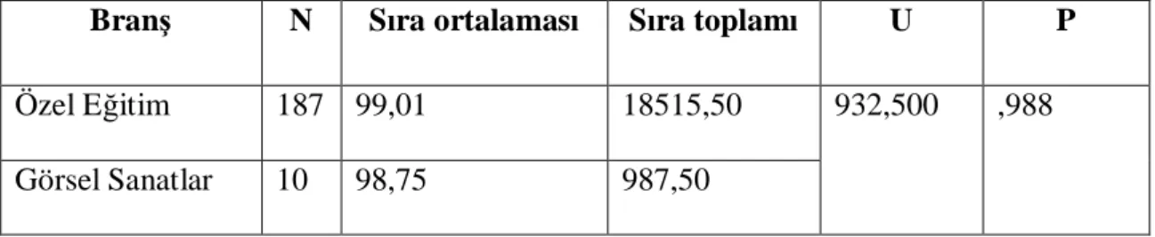 Tablo 17 Ö retmenlerin Soru 15’e  li kin Görü lerinin Bran lar na Göre U-Testi  Sonuçlar : 