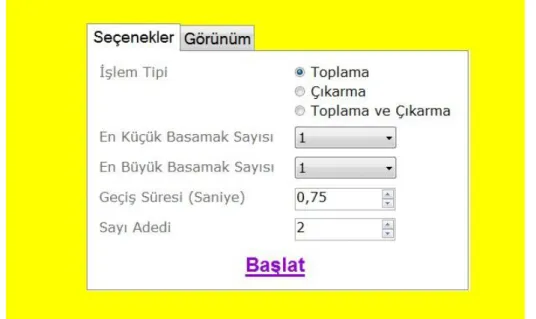 Şekil 3. Mental aritmetik eğitimi bilgisayar programı başlangıç ekran görüntüsü 