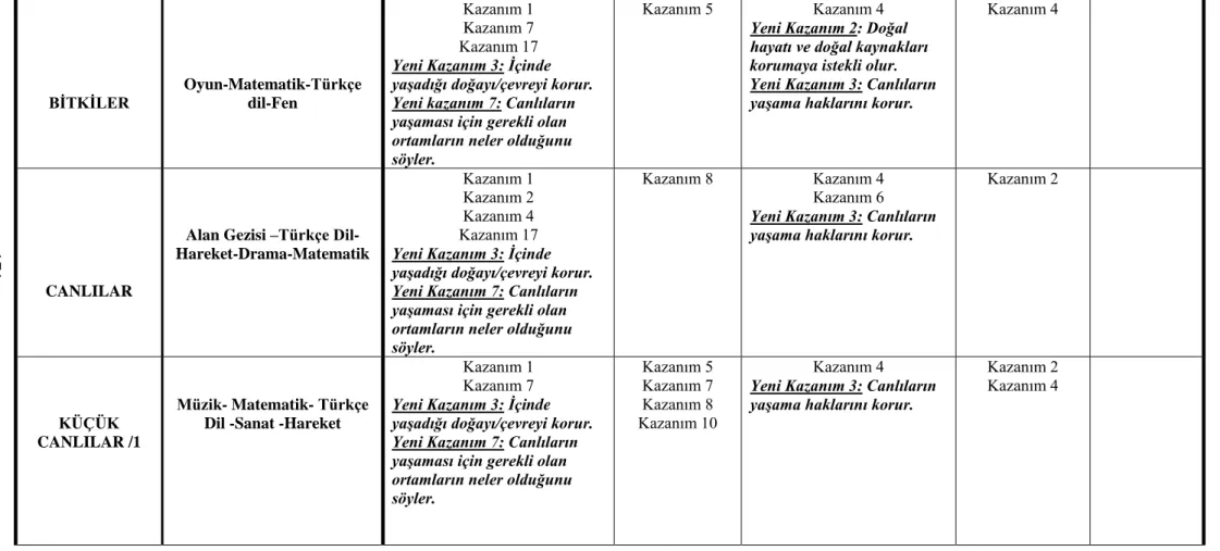 Tablo 2. (devam) Okul Öncesi Dönem Æevre Eğitim Programı Belirtke Tablosu 