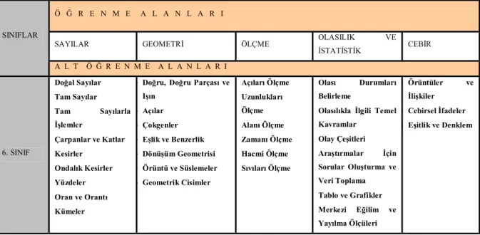 Tablo 2: 6. Sınıf Öğrenme ve Alt Öğrenme Alanları 