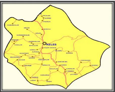 Şekil 2. Keles  ilçe  haritası.  Uludağ  Üniversitesi  (2012). Bursa’nın  dağ ilçelerinin  tarihi ve  kültürel mirası envanteri