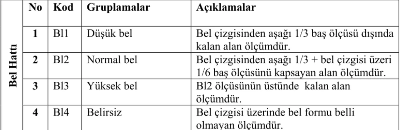 Tablo 8. Gömlek/Bluz, Elbise, Ceket, Etek, Pantolon Modelleri Bel Hattı  Ölçümlendirme Tablosu 