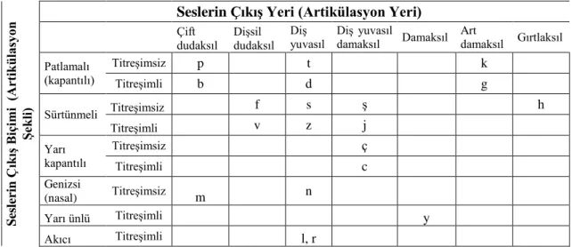 Tablo  1  Seslerin Sınıflandırılması  Seslerin Çıkış Biçimi  (Artikülasyon  Şekli)