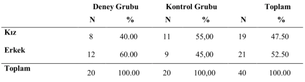 Tablo  2’de  Deney  ve  kontrol  grubundaki  çocukların  cinsiyetlerine  göre  dağılımı  verilmiştir