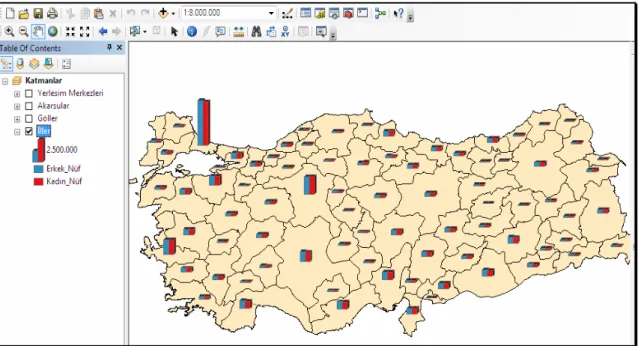 Şekil 2.15. Türkiye’de kadın ve erkek nüfusun sütun grafik ile gösterimi 