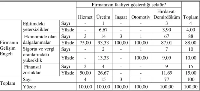 Tablo 19. İşletmenin Faaliyet Gösterdiği Sektöre Göre Firmanın Gelişimine Engel  Olan Nedenlerin  Durumu