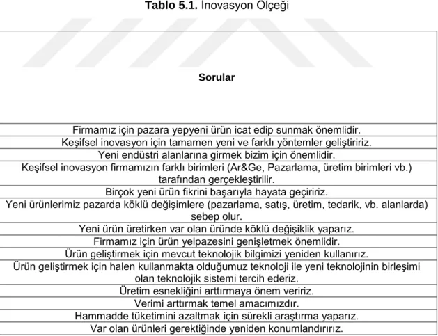 Tablo 5.1.  Ġnovasyon Ölçeği 