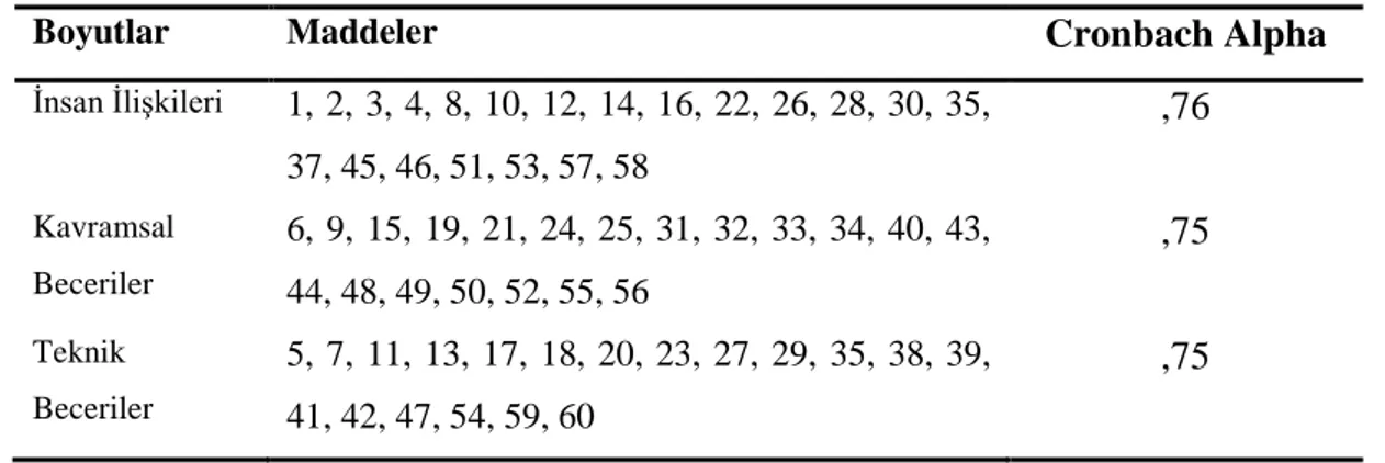 Tablo 3. 3. Ölçeğin Boyutları ve Bu Boyutları Ait Maddeler ve Cronbach Alpha  Katsayısı 