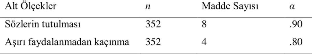 Tablo 3.9’da ölçeğe ve alt boyutlarına ilişkin hesaplanan Cronbach Alfa değerleri  sunulmaktadır