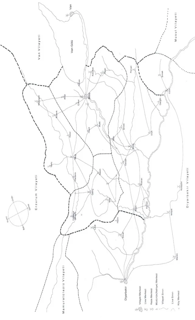 Şekil 1: Teşkilat Defteri ile birlikte hazırlanıp gönderilen Bitlis vilayetinin 1879 tarihindeki idarî sınırlarını belirleyen haritadan  hazırlanmıştır