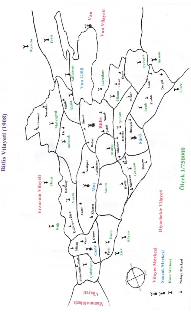 Şekil 3: Bitlis vilayetinin 1908 tarihindeki idarî sınırlarını gösteren harita. 