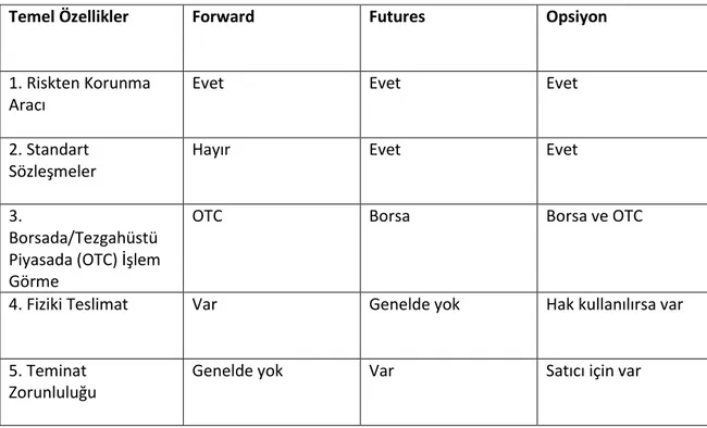 Tablo 3. Türev Ürünlerin Birbirinden Farkları 