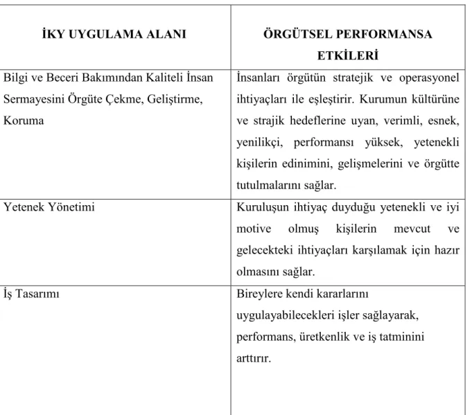Tablo 2. İKY Uygulamaları ve Örgütsel Performansa Etkileri 