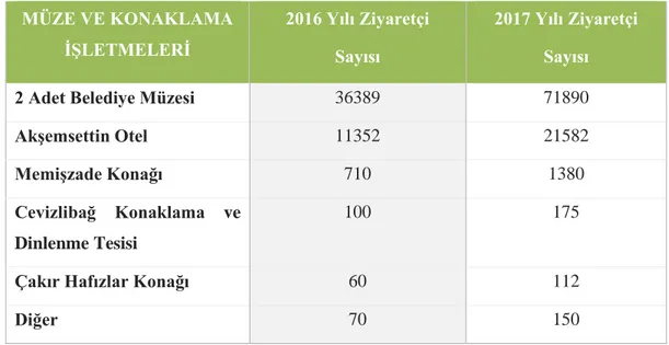 Tablo  5.  2016  ve  2017  Yıllarına  Ait  Beypazarı  Müze  Ziyaret  ve  Otel  Konaklama  İstatistikleri MÜZE VE KONAKLAMA  İŞLETMELERİ  2016 Yılı Ziyaretçi   Sayısı  2017 Yılı Ziyaretçi  Sayısı 