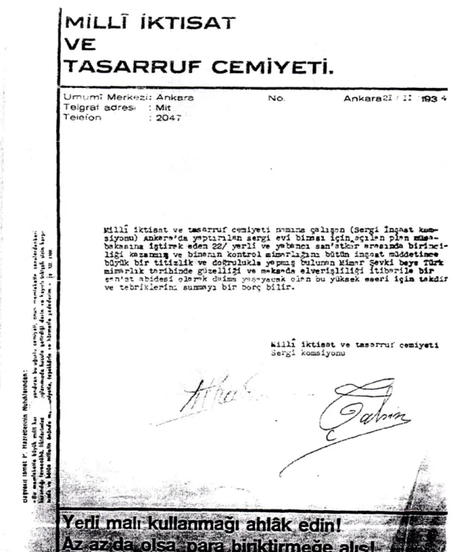 Şekil 29 - Şevki Balmumcu'nun Ankara Sergi Evi Yarışması'nı kazandığını gösteren belge  Kaynak: (Sunay Özdemir, 2001) 
