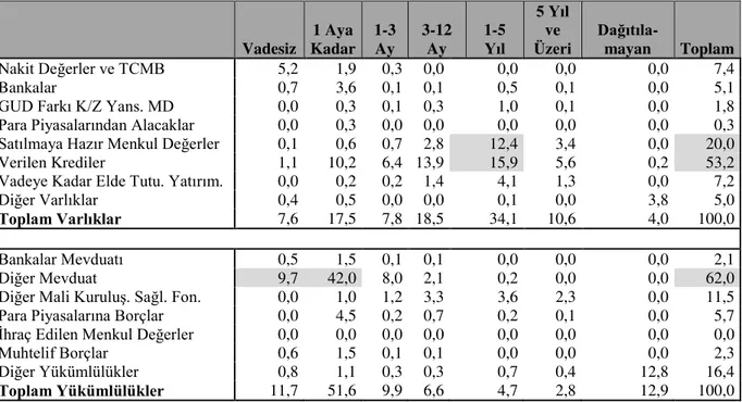 Tablo 1.41.  30.6.2008 İtibariyle Vadelerine Göre Aktif ve Pasif Kalemlerin Toplam Aktif  ve Pasif İçerisindeki Payı  