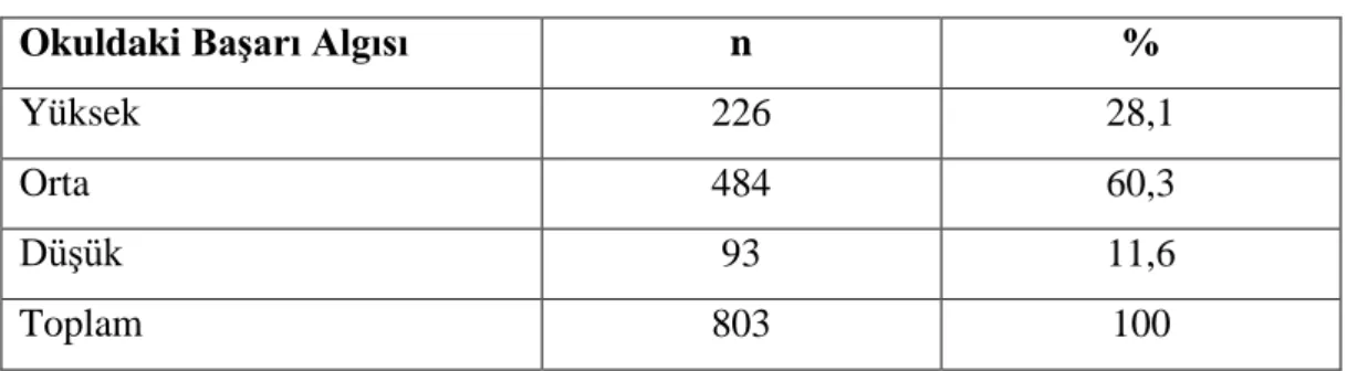 Tablo 4.  Çalışma Grubunun Okuldaki Başarı Algısına Göre Sayı ve Yüzdeleri 