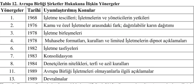 Tablo 12. Avrupa Birliği Şirketler Hukukuna İlişkin Yönergeler 