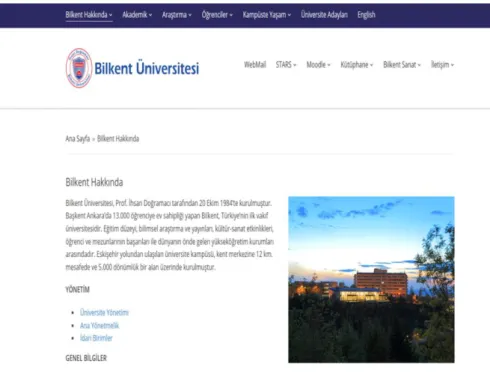 Şekil 1: Bilkent Üniversitesi Web Sitesi Arayüz Görüntüsü 