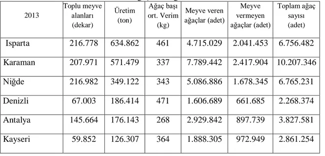 Tablo 4. 2013 Yılı İllere Göre Elma Ağaçları Dağılımı 