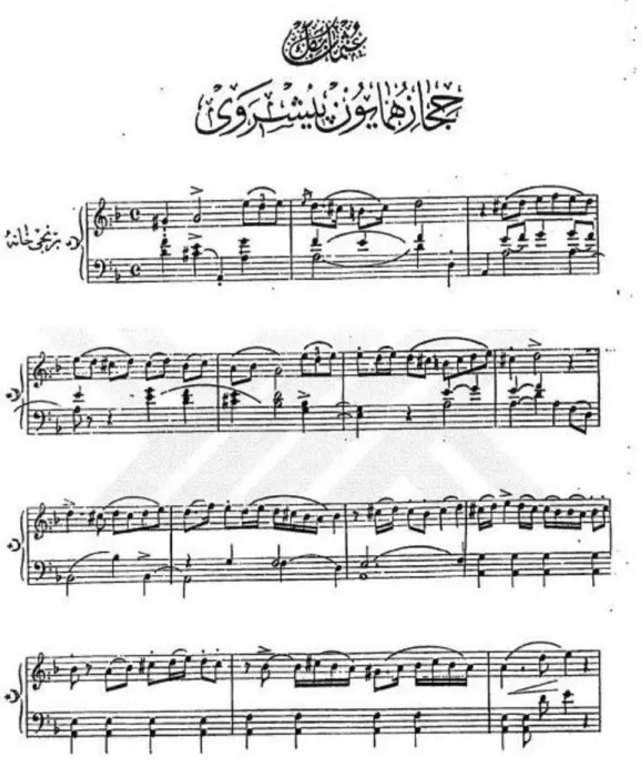 Şekil 1. Guatelli’nin piyano için uyarladığı Osman Bey’in Hicaz Hümayun Peşrevi’nin ilk  sayfası (Ensari, 1999: 84’den fragman)