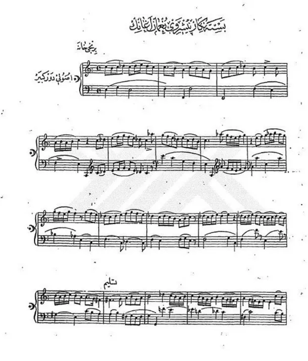 Şekil  2.  Guatelli’nin  piyano  için  uyarladığı  Numan  Ağa’nın  Bestenigâr  Peşrevi’nin  ilk  sayfası (Ensari, 1999: 96’dan fragman)