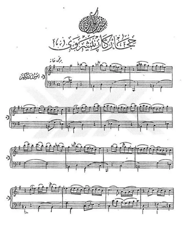 Şekil 3. Guatelli’nin piyano için uyarladığı Osman Bey’in Hicazkâr Peşrevi’nin ilk sayfası  (Ensari, 1999: 101’den fragman) 
