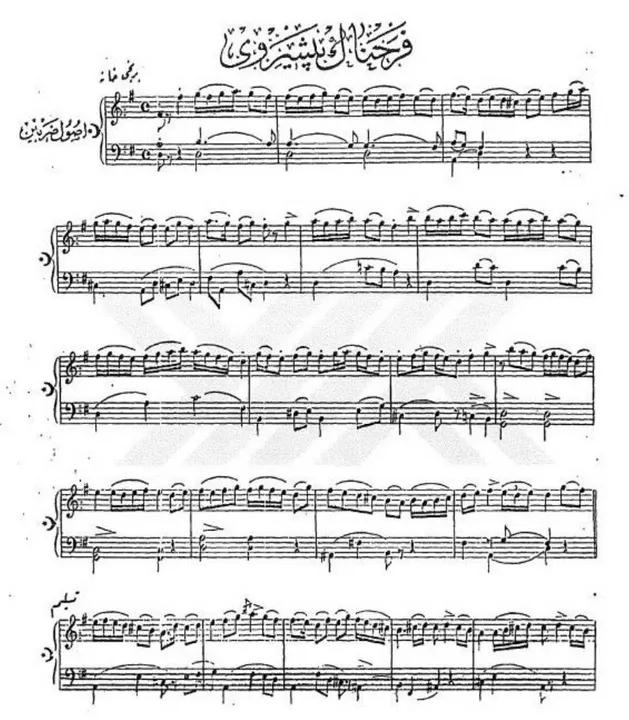 Şekil 6. Guatelli’nin piyano için uyarladığı Zeki Mehmed Ağa’nın Ferahnâk Peşrevi’nin  ilk sayfası (Ensari, 1999: 121’den fragman)